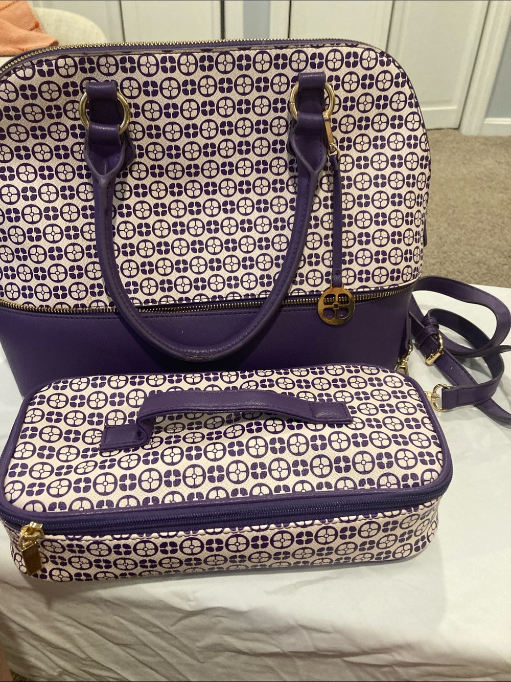 IMAN Purple Patterned Two-Piece Tote Set with Gold Hardware